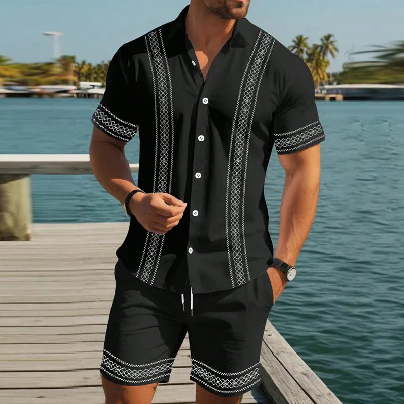 Men’s Embroidered Trim Short-Sleeve Shirt and Shorts Set