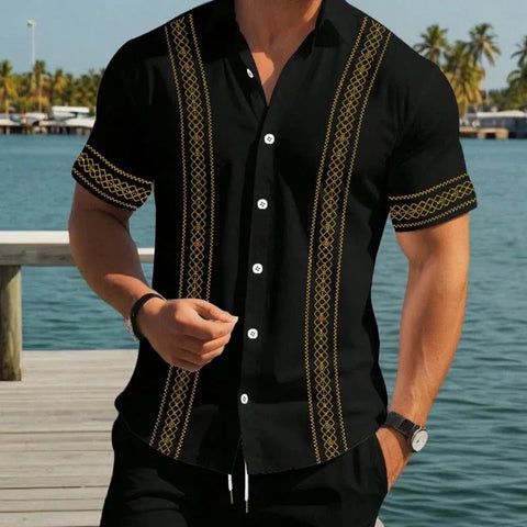Men’s Embroidered Trim Short-Sleeve Shirt and Shorts Set