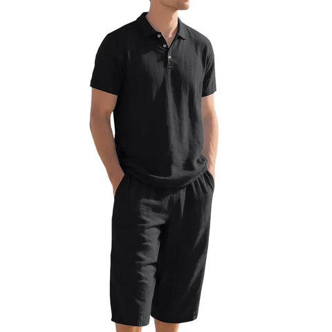 Men’s Relaxed Linen-Blend Polo Shorts Set