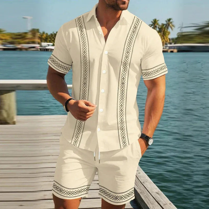Men’s Embroidered Trim Short-Sleeve Shirt and Shorts Set