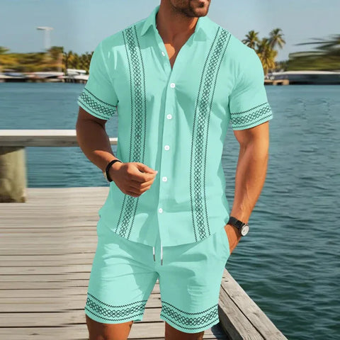 Men’s Embroidered Trim Short-Sleeve Shirt and Shorts Set