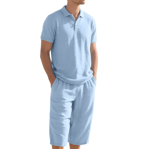 Men’s Relaxed Linen-Blend Polo Shorts Set