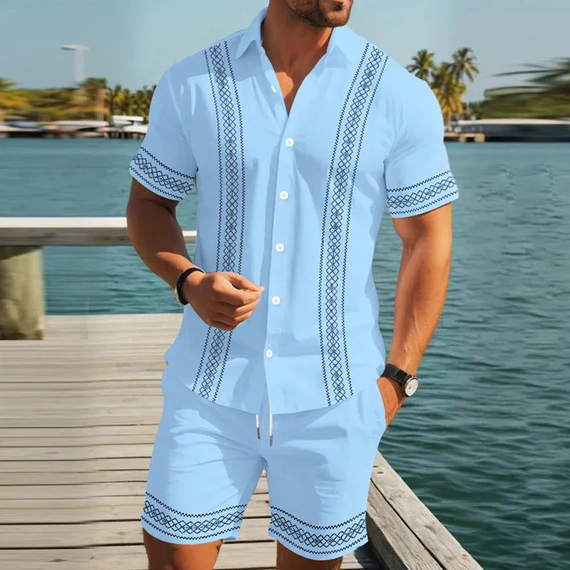 Men’s Embroidered Trim Short-Sleeve Shirt and Shorts Set