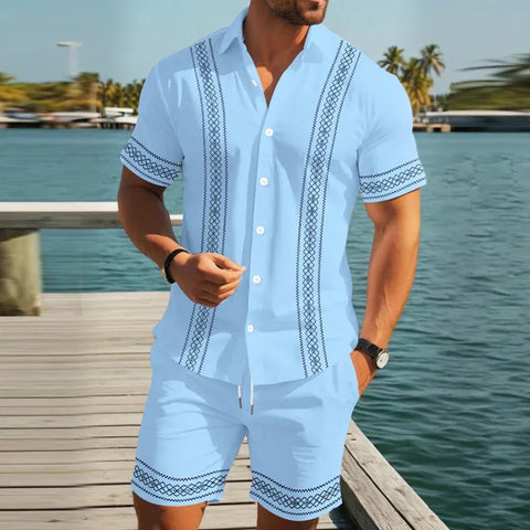 Men’s Embroidered Trim Short-Sleeve Shirt and Shorts Set