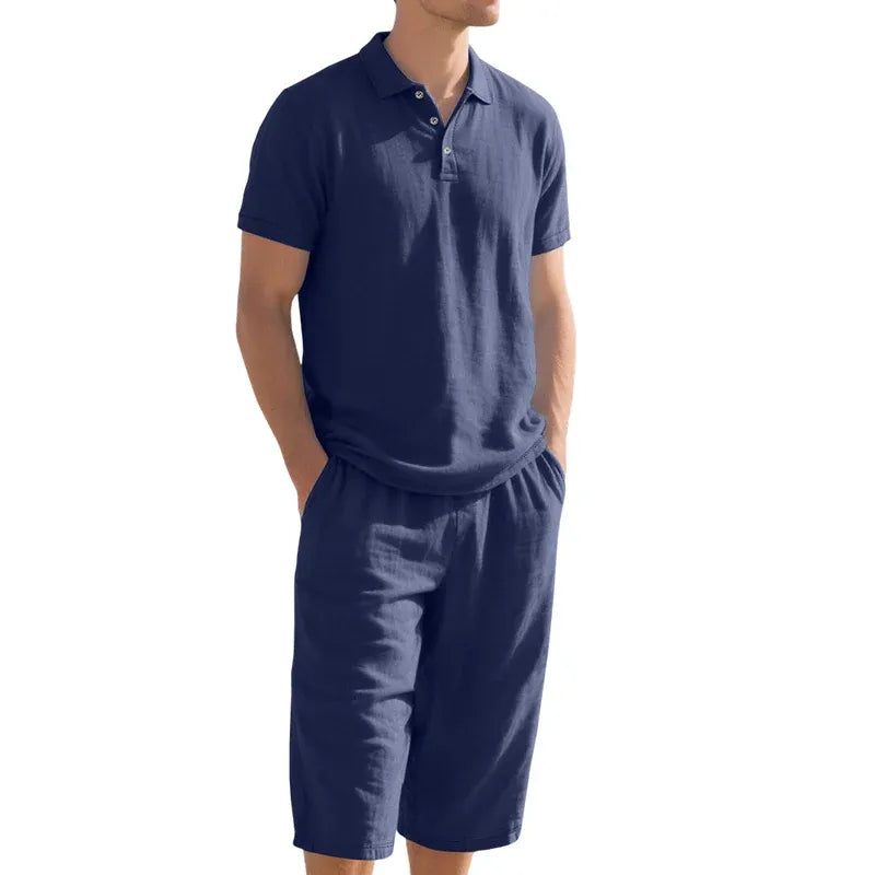 Men’s Relaxed Linen-Blend Polo Shorts Set