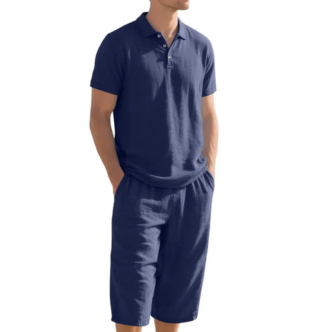 Men’s Relaxed Linen-Blend Polo Shorts Set