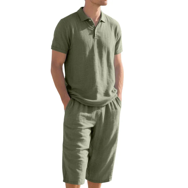 Men’s Relaxed Linen-Blend Polo Shorts Set