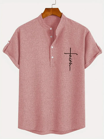 Men’s Textured Short Sleeve Stand Collar Henley Shirt