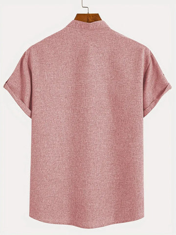 Men’s Textured Short Sleeve Stand Collar Henley Shirt