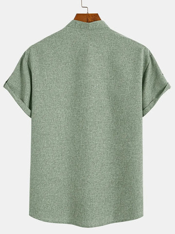 Men’s Textured Short Sleeve Stand Collar Henley Shirt