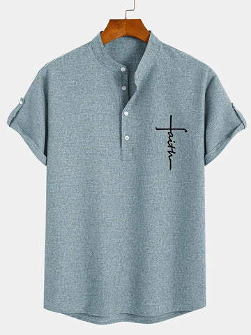 Men’s Textured Short Sleeve Stand Collar Henley Shirt