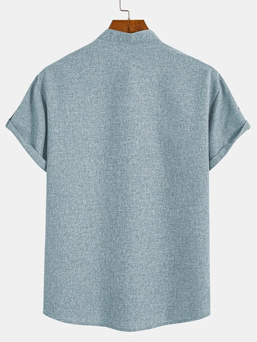 Men’s Textured Short Sleeve Stand Collar Henley Shirt