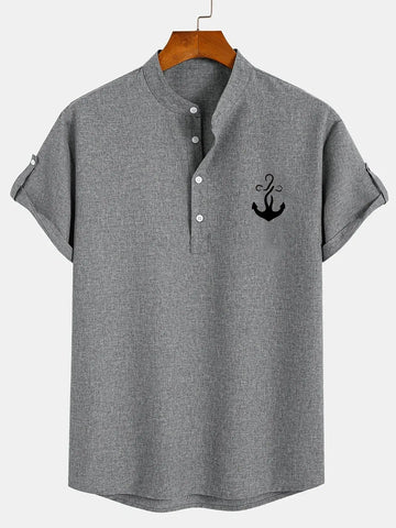 Men’s Textured Short Sleeve Stand Collar Henley Shirt