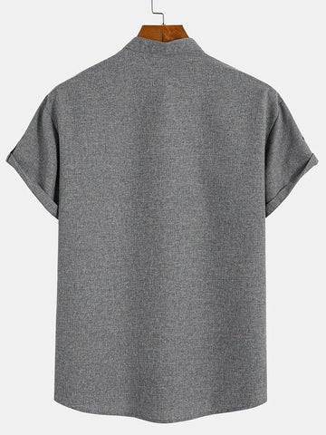 Men’s Textured Short Sleeve Stand Collar Henley Shirt