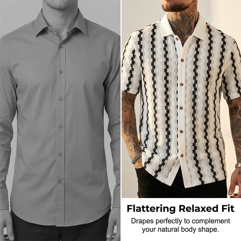 Men’s Textured Vertical Stripe Short-Sleeve Button-Up Shirt