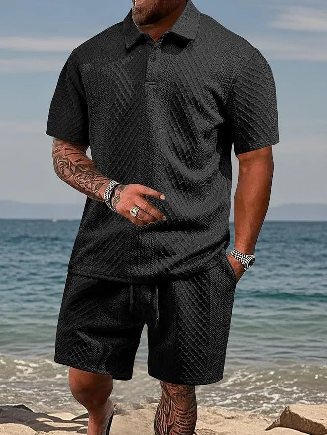 Men’s Textured Polo Shirt and Shorts Summer Set