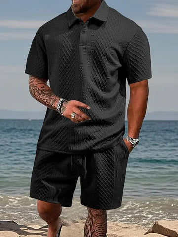 Men’s Textured Polo Shirt and Shorts Summer Set