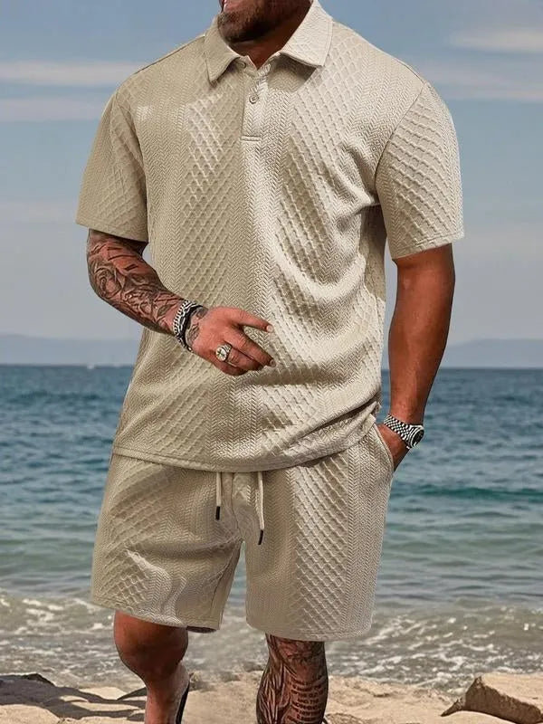 Men’s Textured Polo Shirt and Shorts Summer Set