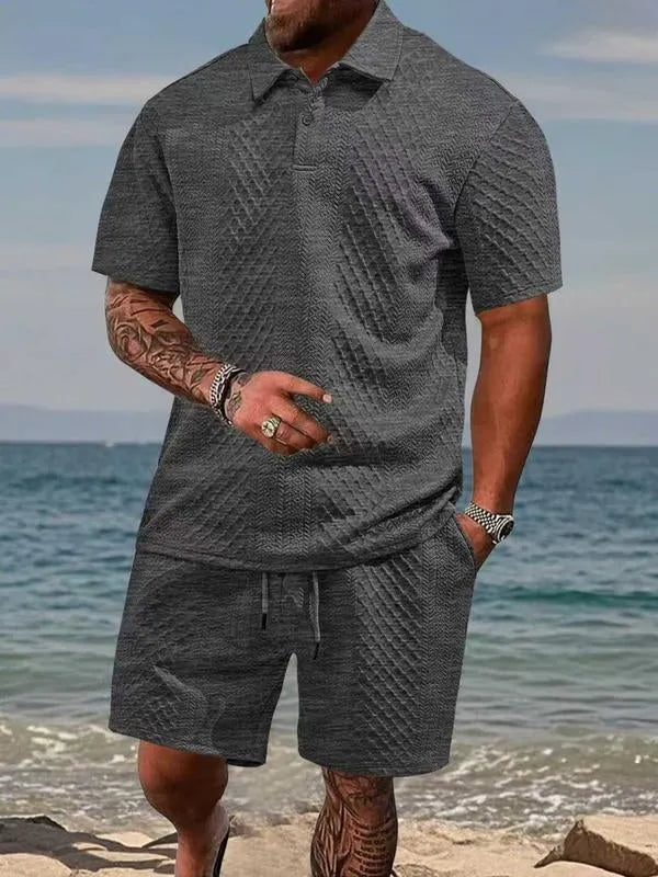 Men’s Textured Polo Shirt and Shorts Summer Set