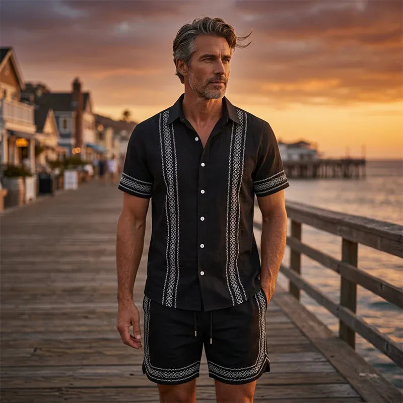 Men’s Embroidered Trim Short-Sleeve Shirt and Shorts Set