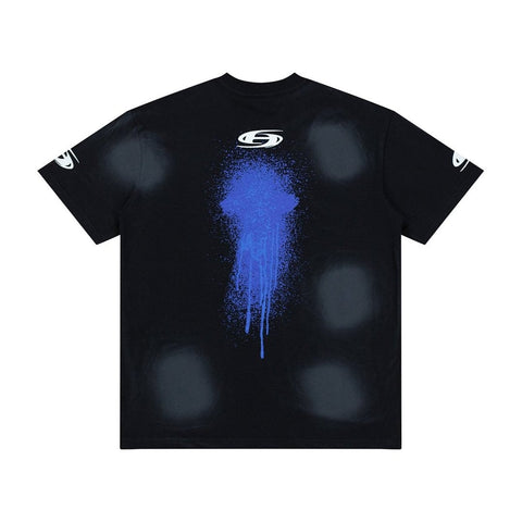 Hellstar Gradient Wash Blue Splatter Graphic Oversized T-Shirt - Vintage Wash