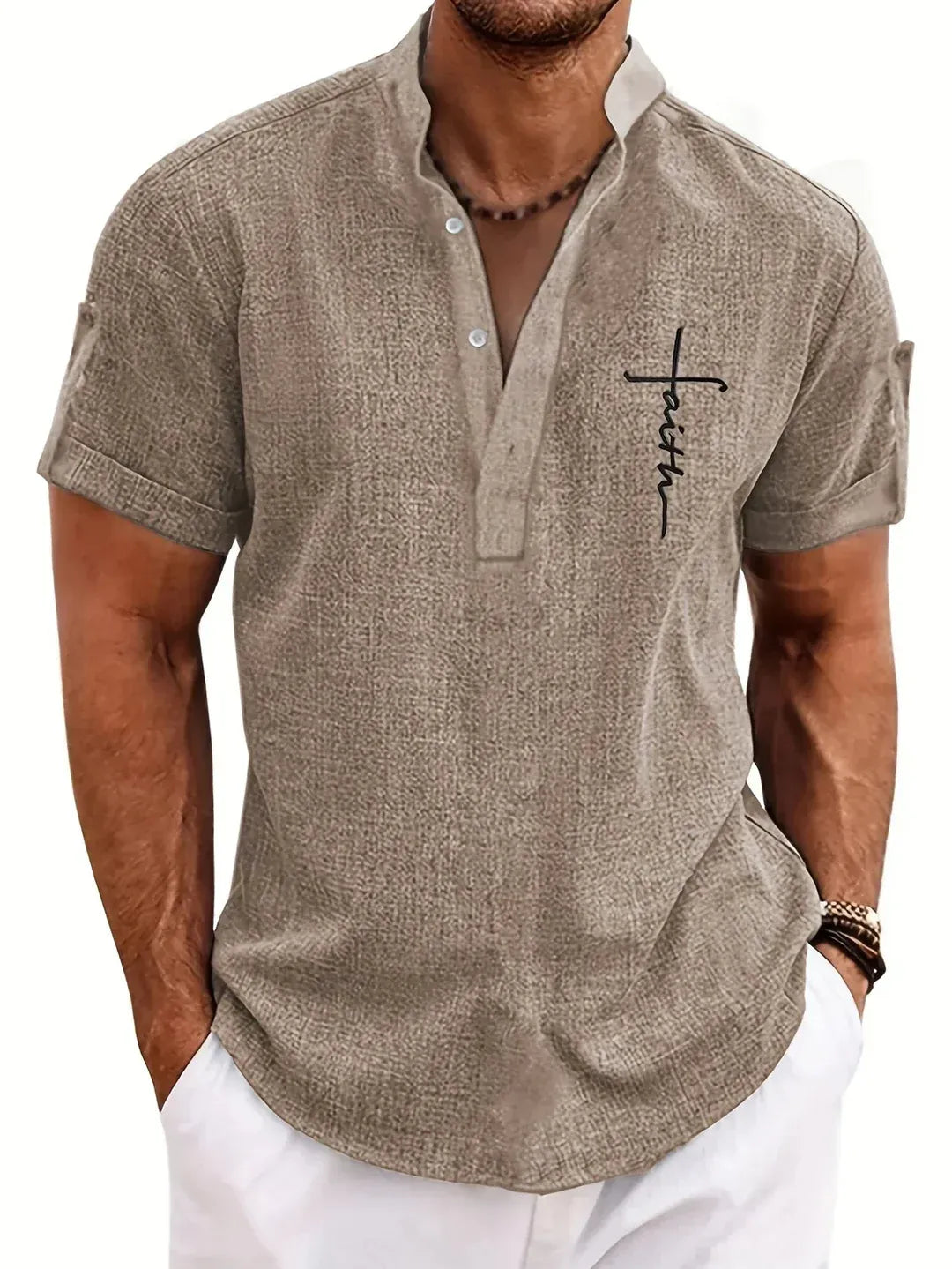 Men’s Textured Short Sleeve Stand Collar Henley Shirt