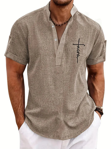 Men’s Textured Short Sleeve Stand Collar Henley Shirt