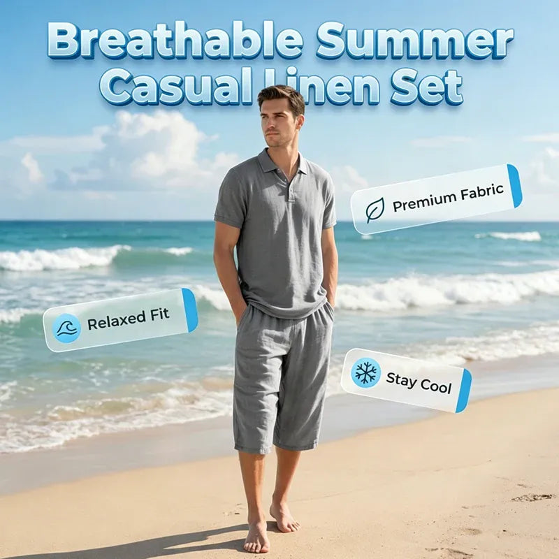 Men’s Relaxed Linen-Blend Polo Shorts Set
