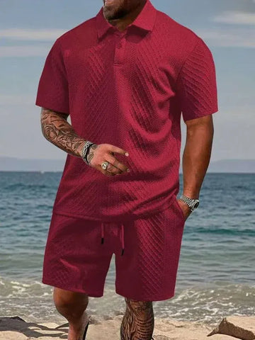 Men’s Textured Polo Shirt and Shorts Summer Set