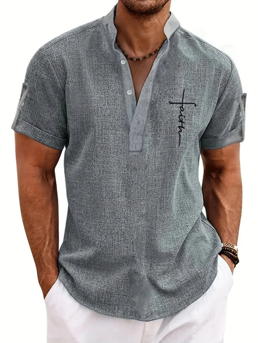 Men’s Textured Short Sleeve Stand Collar Henley Shirt