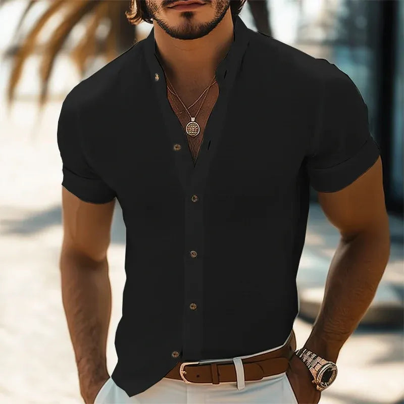 Men’s Stand Collar Short Sleeve Button-Up Shirt
