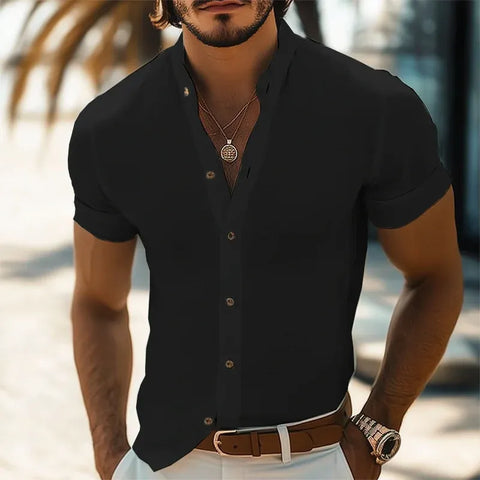 Men’s Stand Collar Short Sleeve Button-Up Shirt