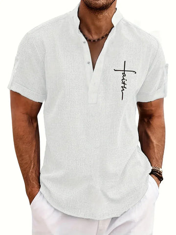 Men’s Textured Short Sleeve Stand Collar Henley Shirt
