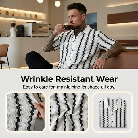 Men’s Textured Vertical Stripe Short-Sleeve Button-Up Shirt