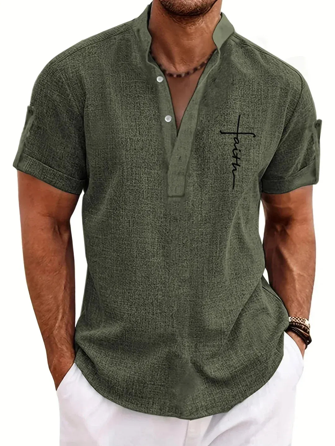 Men’s Textured Short Sleeve Stand Collar Henley Shirt
