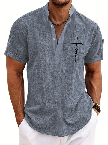 Men’s Textured Short Sleeve Stand Collar Henley Shirt