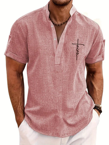 Men’s Textured Short Sleeve Stand Collar Henley Shirt