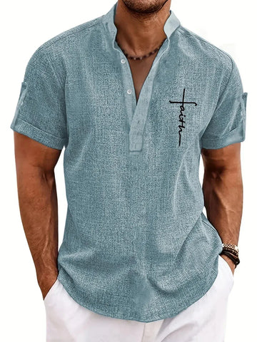 Men’s Textured Short Sleeve Stand Collar Henley Shirt