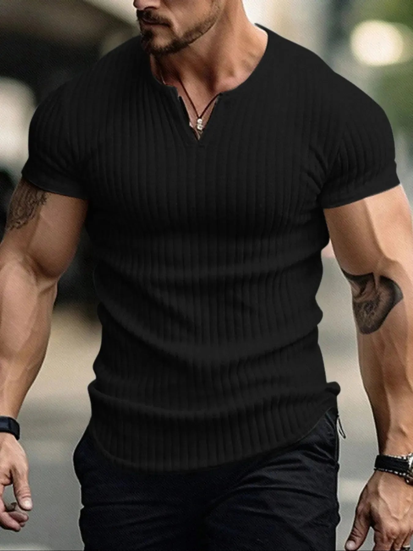 Men’s Ribbed V-Neck Short Sleeve T-Shirt